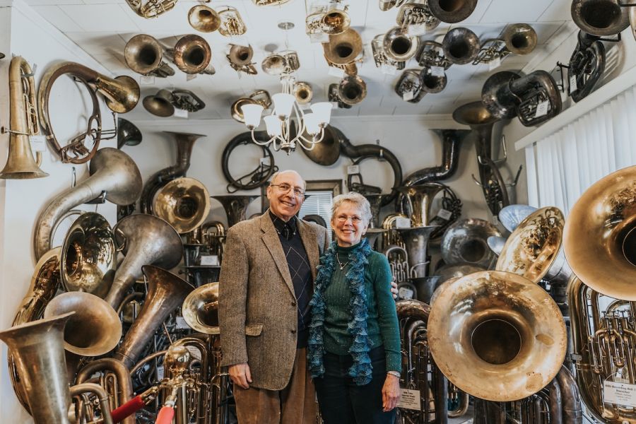 Vince & Ethel Simonetti show off thier historic tuba collection in Durham, NC.