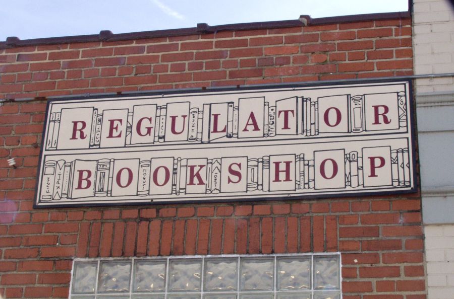 The sign for Regulator Bookshop guides shoppers into the store to find their next favorite book.