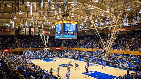 Fans fill the seats during a Duke basketball game at Cameron Indoor stadium.