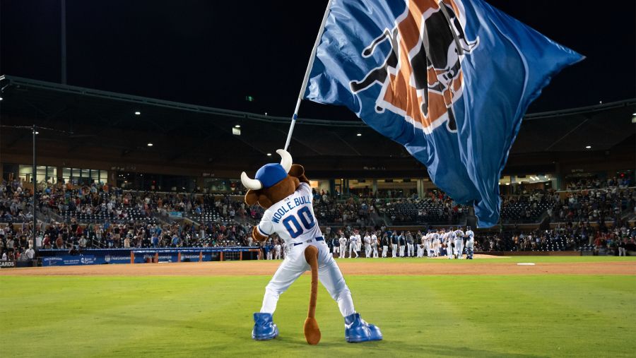 Wool E. Bull waves the Durham Bulls flag on the middle of the field at DBAP.