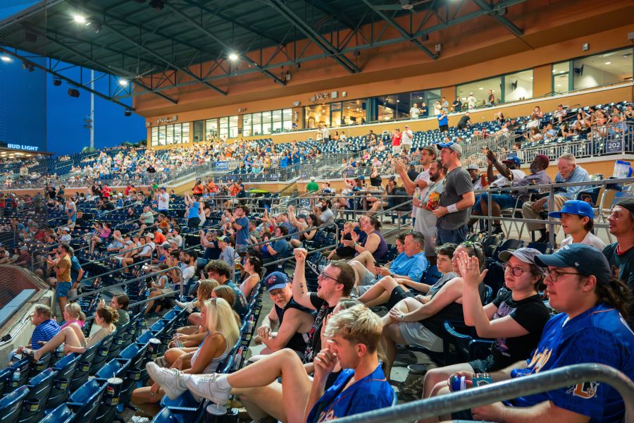 Fans cheer in the stands at a Durham Bulls game
