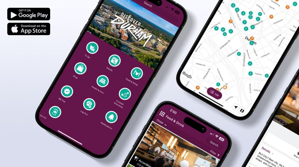 Four phones laying on a flat surface, each displaying a different screen from the Discover Durham mobile app.