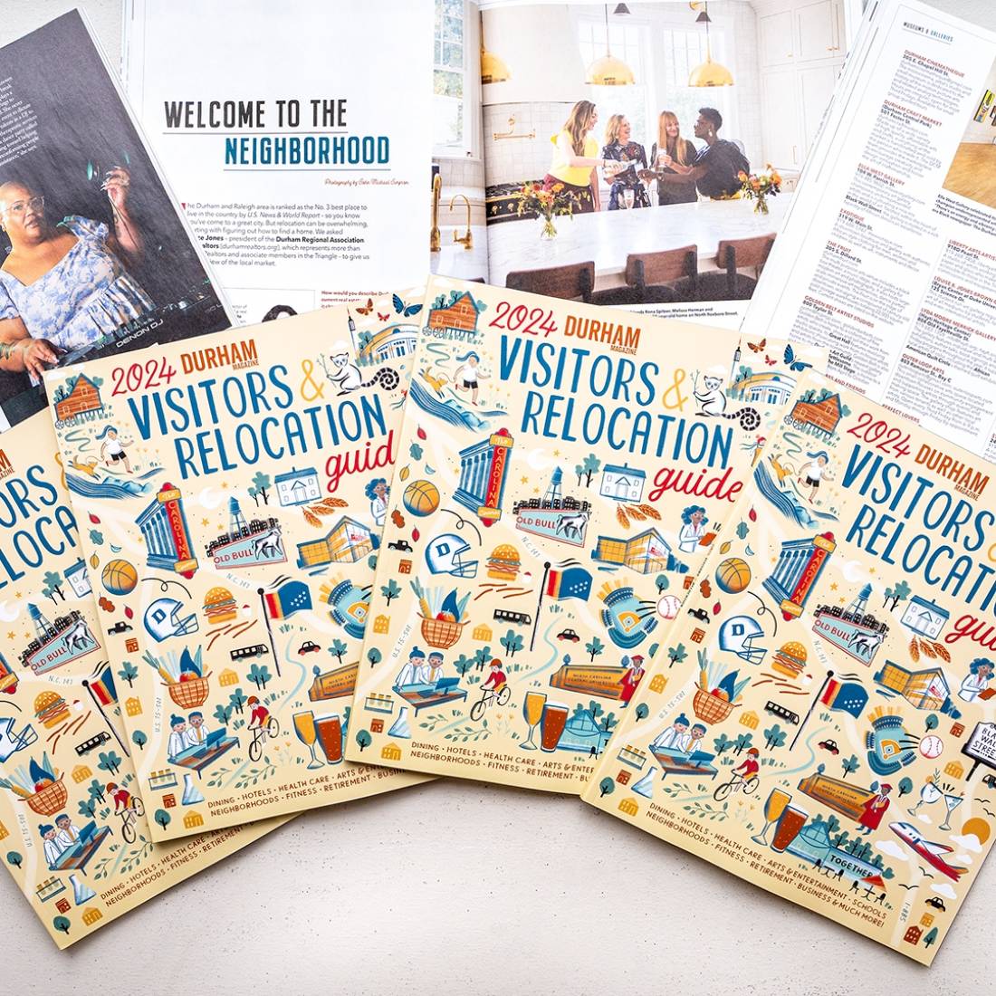 Durham Magazines spread out on a white background. The issue is the 2024 Relocation Guide.
