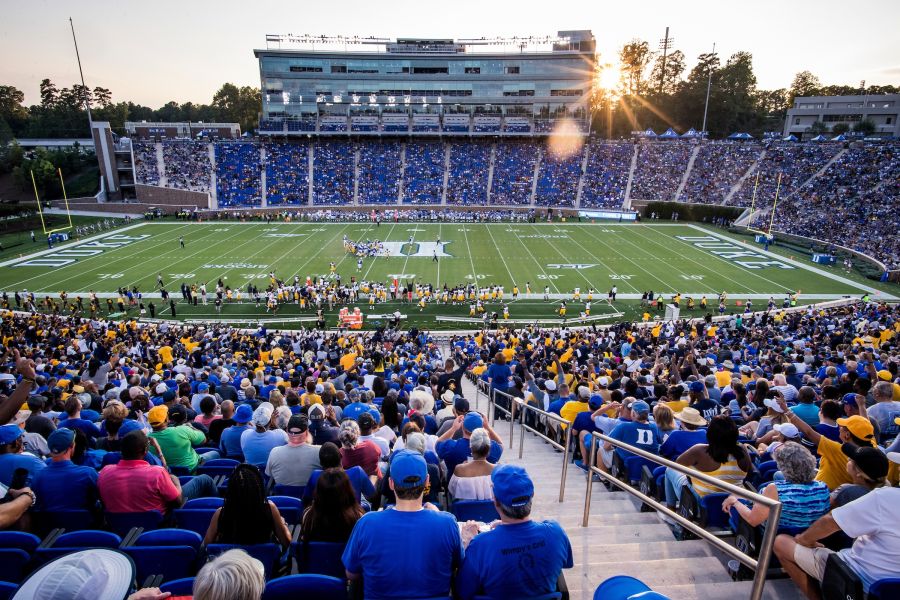 A crowd at Wallace Wade Stadium on Duke University Campus.