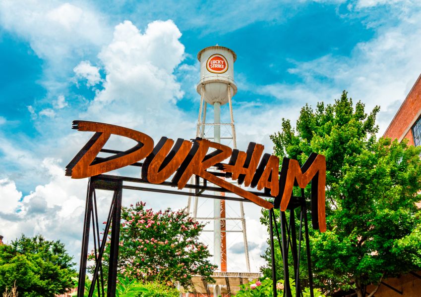 Sunlight brightens up the iconic Durham sign at American Tobacco Campus