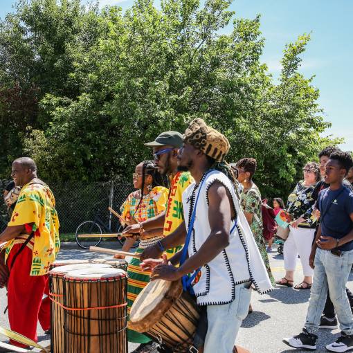 Drummers take part in a Juneteenth processional in Durham.