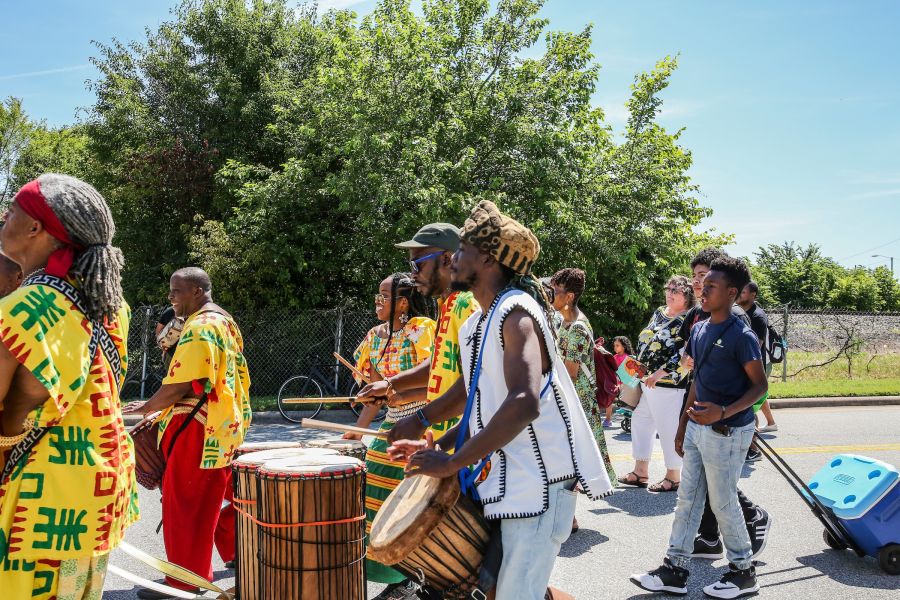 Drummers take part in a Juneteenth processional in Durham.