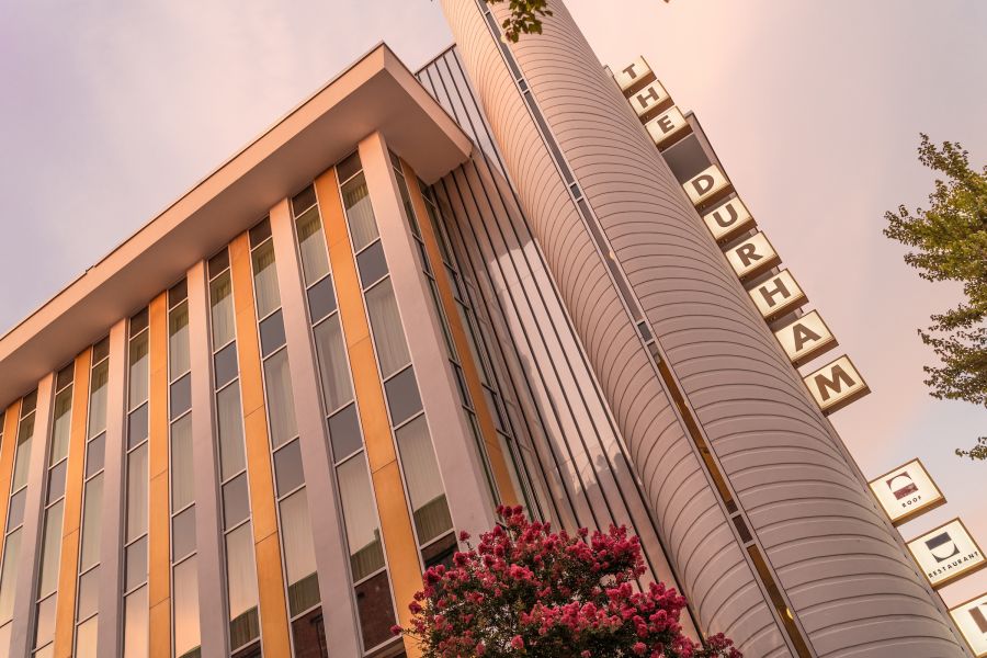 The Durham Hotels facade looks lovely from the ground, lit up by the sunset.