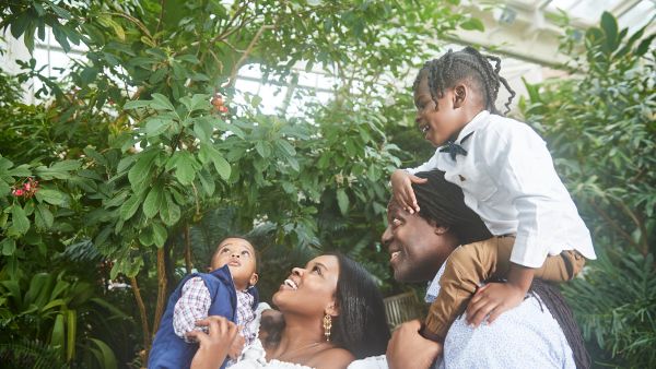 A family gazes upon a butterfly in front of lush green foliage at the Museum of Life and Science.