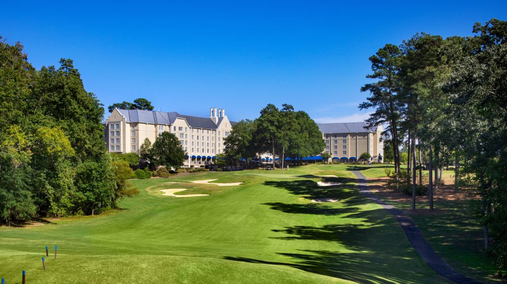 A clear sky overlooks the course at Washington Duke Inn Golf Course.