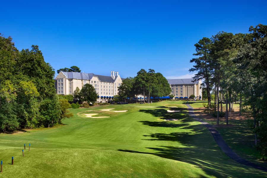 A clear sky overlooks the course at Washington Duke Inn Golf Course.