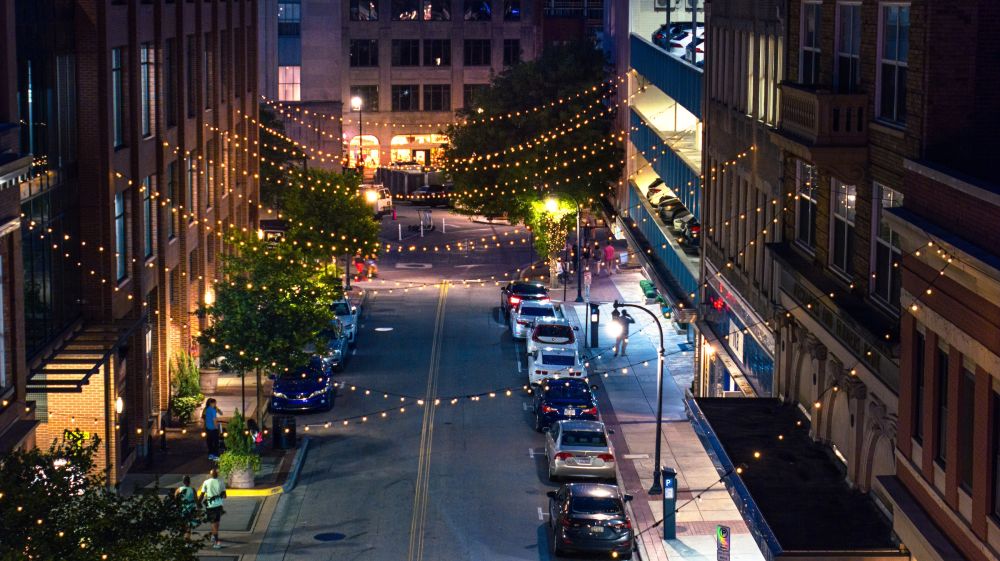 String lights on Parrish Street in downtown Durham, NC