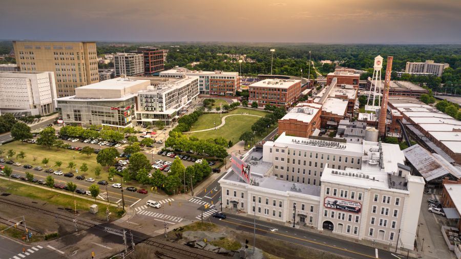 Dusk settles over the American Tobacco Campus in Durham, NC