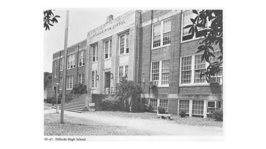 A black and white photo shows the front of Hillside Highschool.